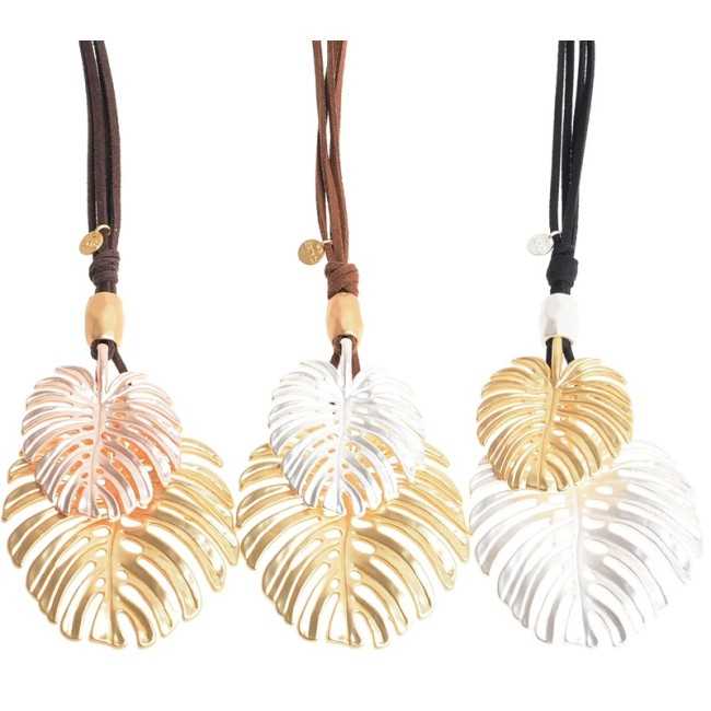 LONG NECKLACE SUEDE DOUBLE PENDANT CHEESE PLANT METAL