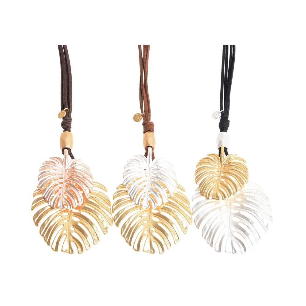 LONG NECKLACE SUEDE DOUBLE PENDANT CHEESE PLANT METAL