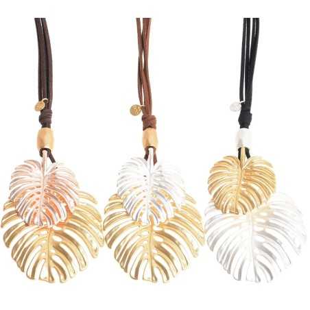 LONG NECKLACE SUEDE DOUBLE PENDANT CHEESE PLANT METAL