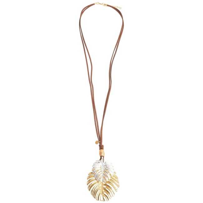 LONG NECKLACE SUEDE DOUBLE PENDANT CHEESE PLANT METAL