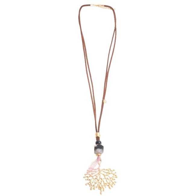 LONG SUEDE NECKLACE STONE PENDANT METAL FIGURE