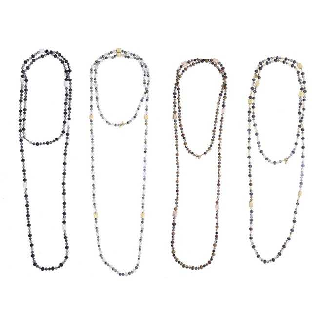 LONG NECKLACE METAL BEADS FACETED CRYSTALS