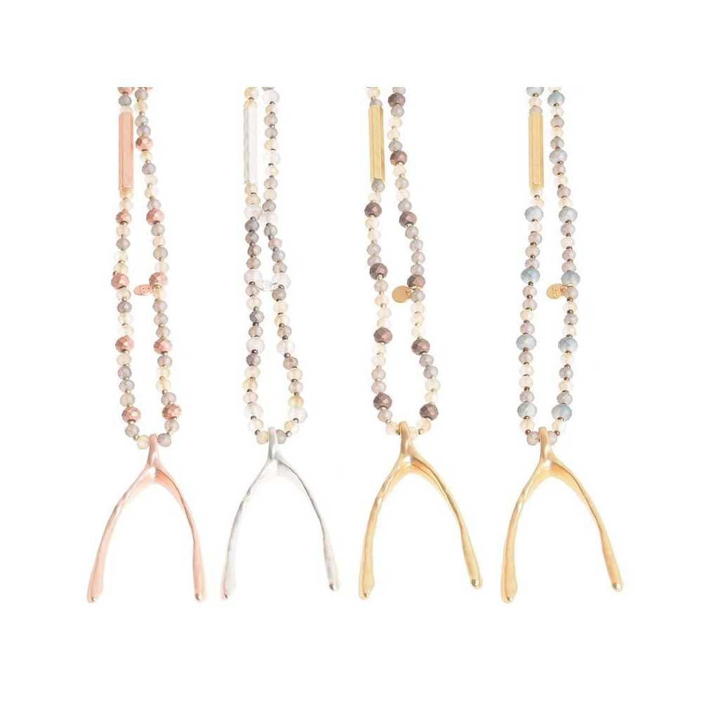 METAL BEADS CRYSTALS LONG NECKLACE WISHBONE METAL