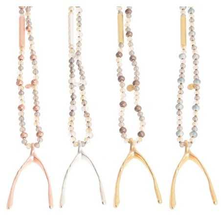 METAL BEADS CRYSTALS LONG NECKLACE WISHBONE METAL