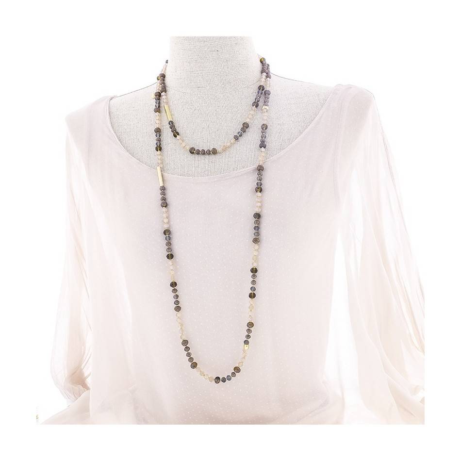 LONG NECKLACE METAL BEADS FACETED CRYSTALS