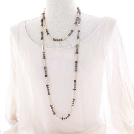 LONG NECKLACE METAL BEADS FACETED CRYSTALS