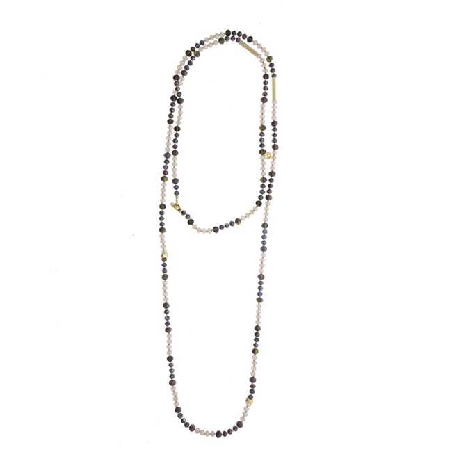 LONG NECKLACE METAL BEADS FACETED CRYSTALS