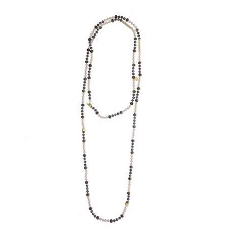 LONG NECKLACE METAL BEADS FACETED CRYSTALS