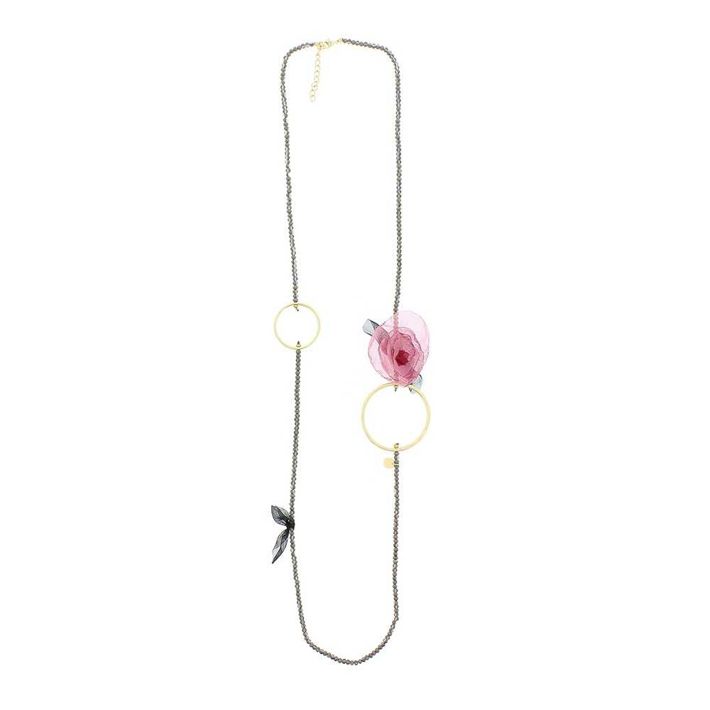 LONG NECKLACE WITH FACETED CRYSTALS AND FLOWER RING