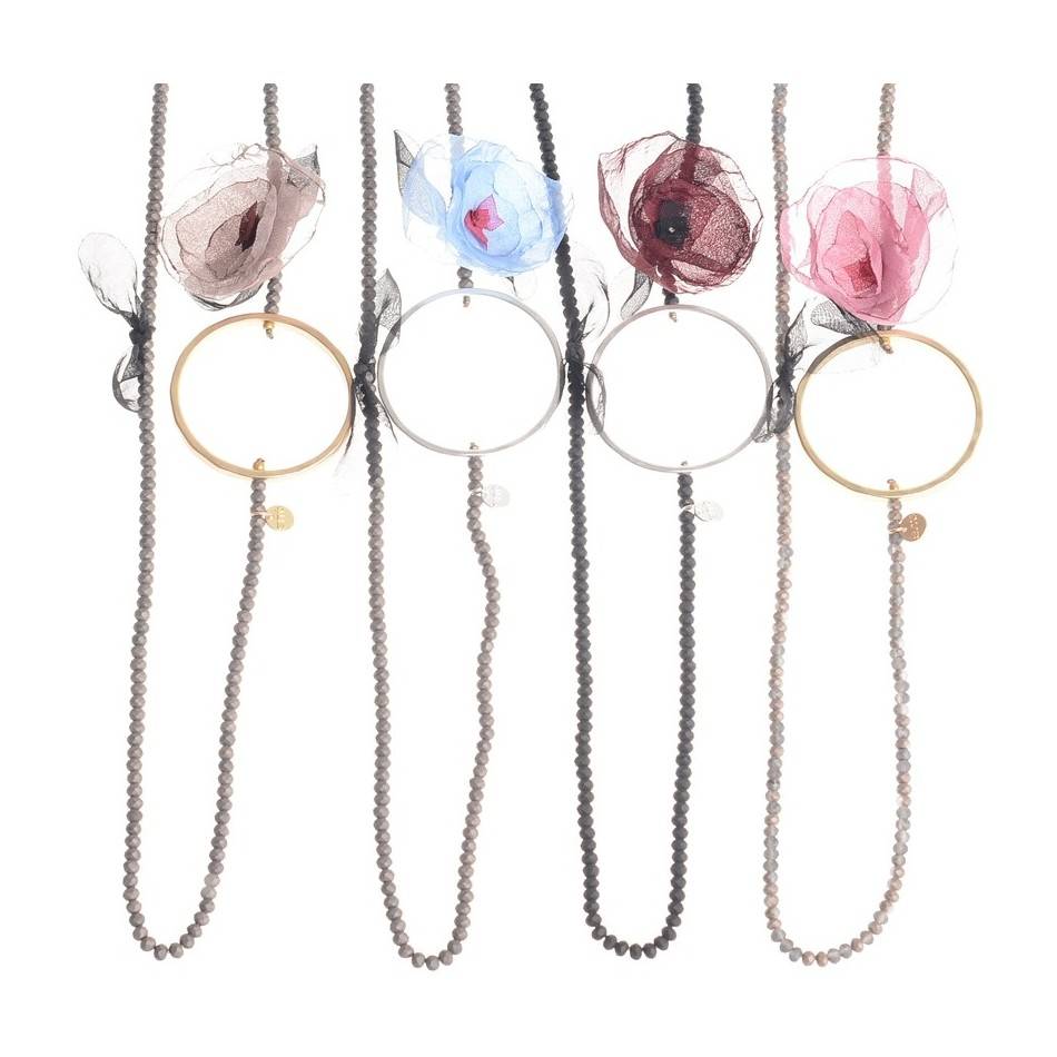 LONG NECKLACE WITH FACETED CRYSTALS AND FLOWER RING
