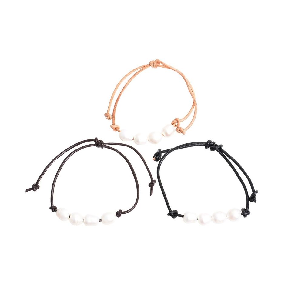 PULSERA  MACRAMÉ CUERO PERLAS CULTIVADAS