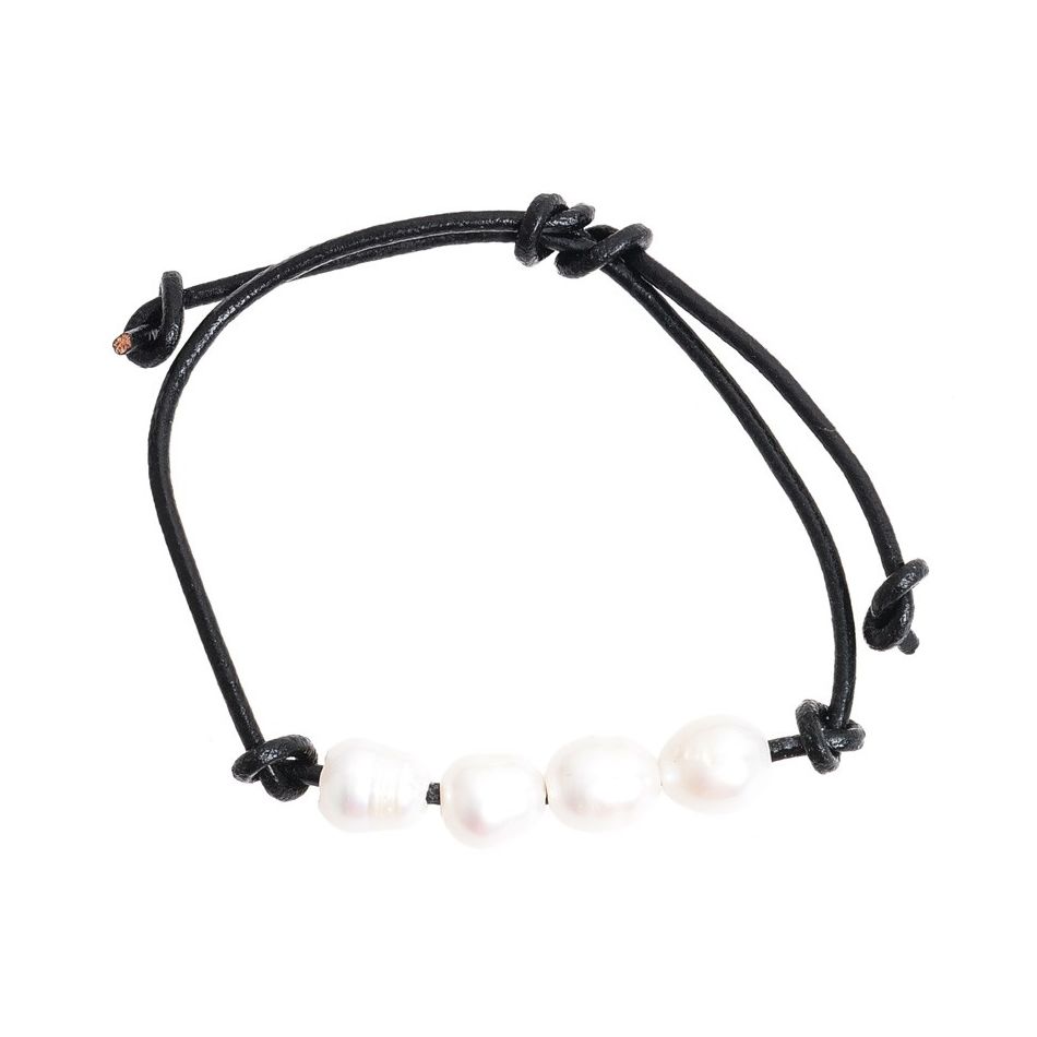 PULSERA  MACRAMÉ CUERO PERLAS CULTIVADAS