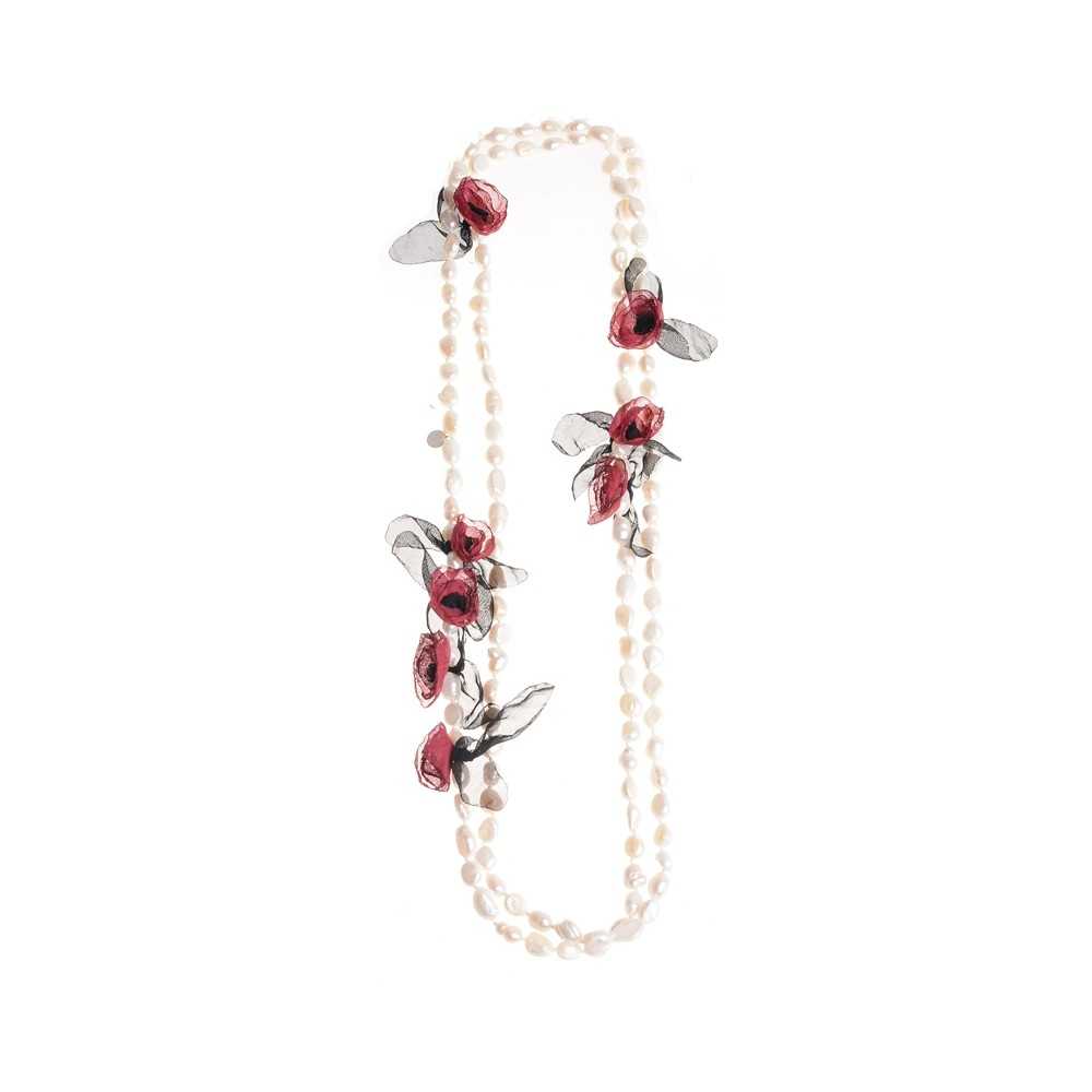 LONG NECKLACE 150CM CULTURED PEARLS FLOWERS