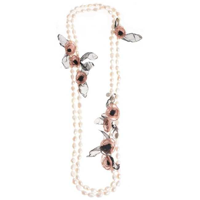 LONG NECKLACE 150CM CULTURED PEARLS FLOWERS