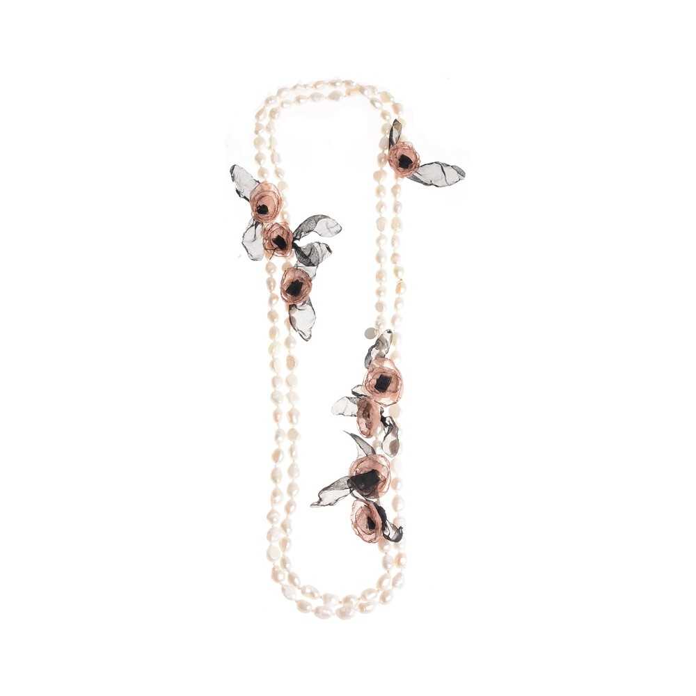 LONG NECKLACE 150CM CULTURED PEARLS FLOWERS