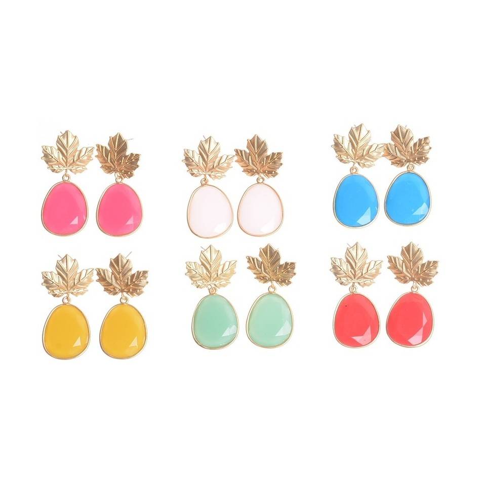 METAL LEAF STONE PENDANT EARRINGS