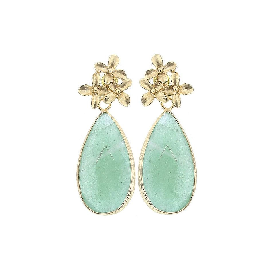 METAL FLOWER EARRINGS STONE PENDANT