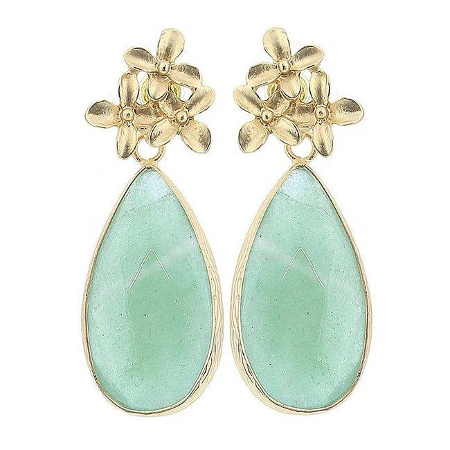 METAL FLOWER EARRINGS STONE PENDANT