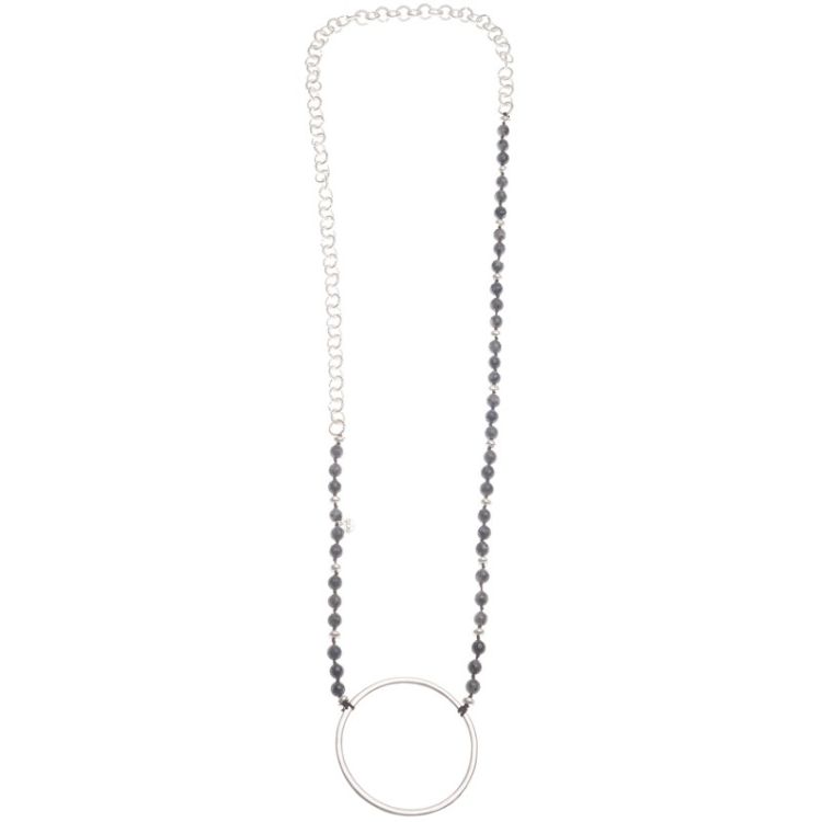 LONG STONE CHAIN NECKLACE METAL RING BEADS