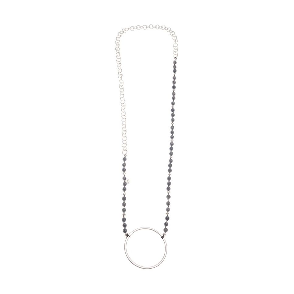 LONG STONE CHAIN NECKLACE METAL RING BEADS