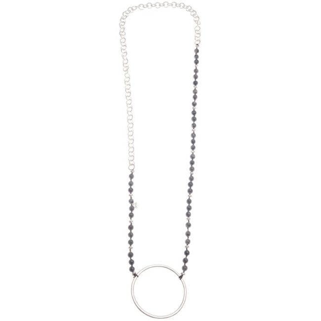LONG STONE CHAIN NECKLACE METAL RING BEADS