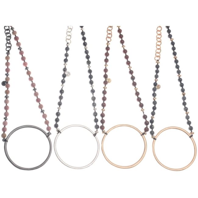 LONG STONE CHAIN NECKLACE METAL RING BEADS