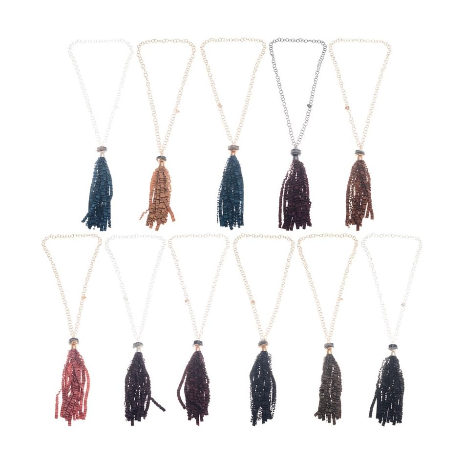 CURLY SATIN RIBBON FRINGE PENDANT LONG NECKLACE