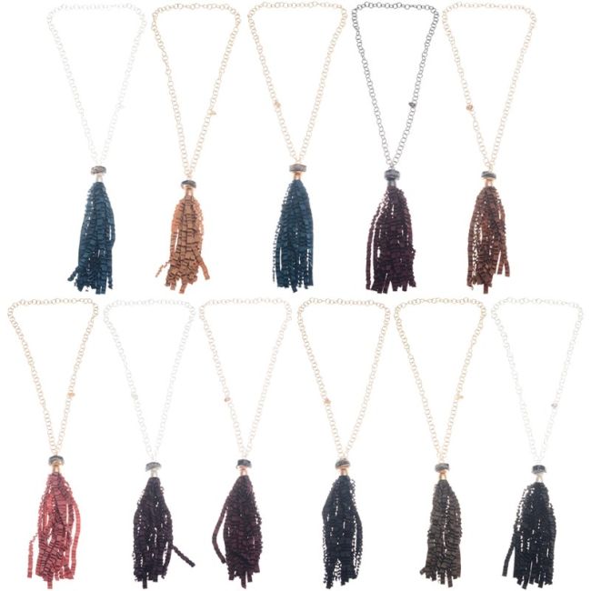 CURLY SATIN RIBBON FRINGE PENDANT LONG NECKLACE
