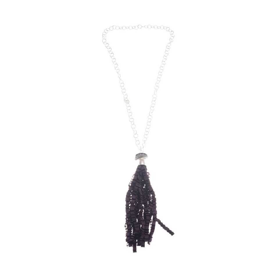 CURLY SATIN RIBBON FRINGE PENDANT LONG NECKLACE