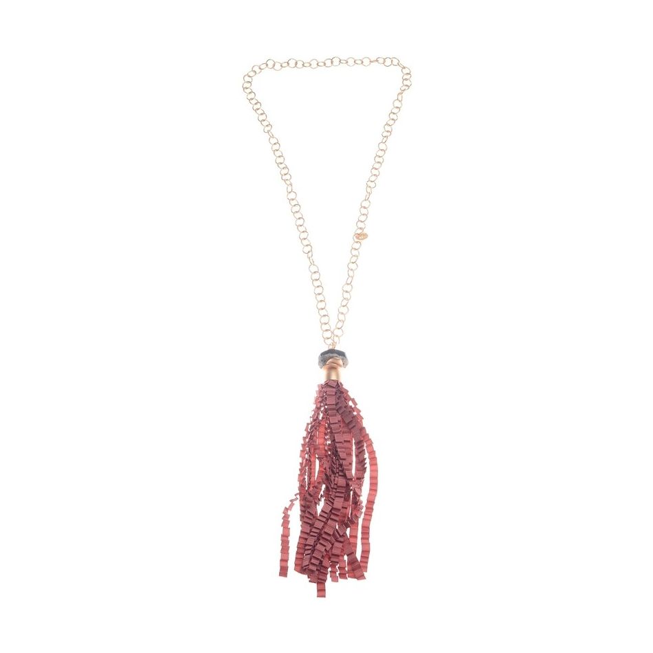CURLY SATIN RIBBON FRINGE PENDANT LONG NECKLACE