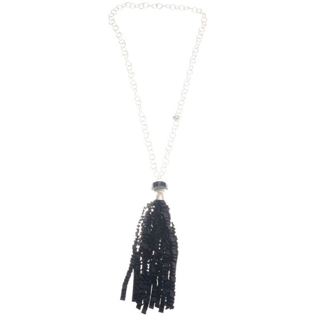 CURLY SATIN RIBBON FRINGE PENDANT LONG NECKLACE