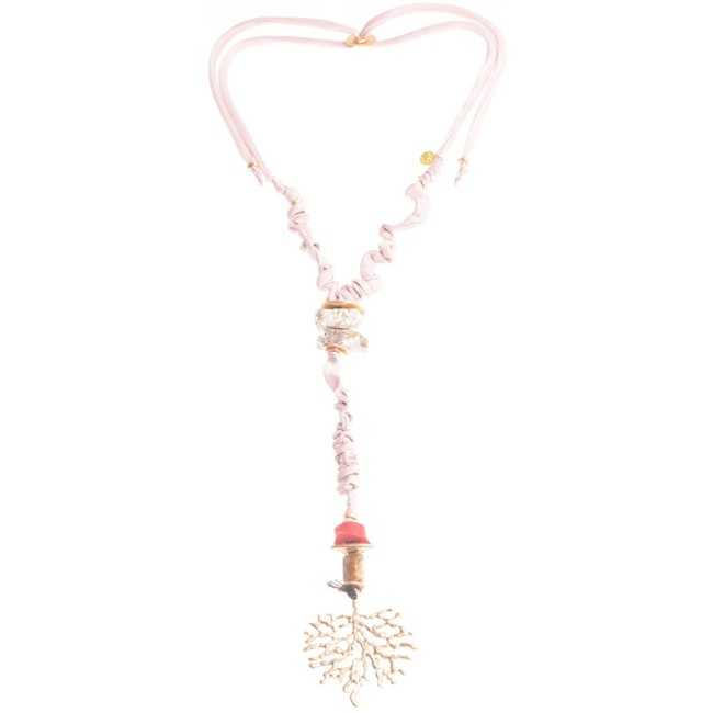 LONG STONE CORD NECKLACE METAL CORAL PENDANT