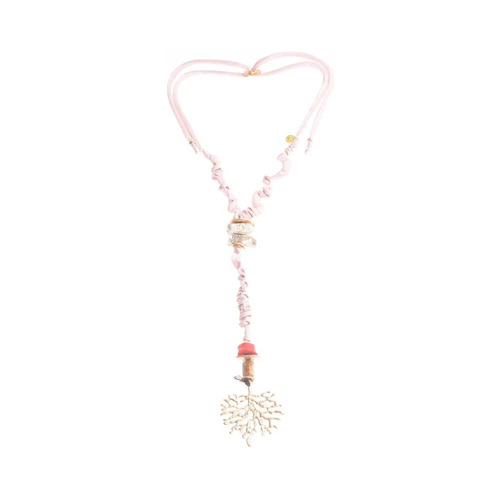 LONG STONE CORD NECKLACE METAL CORAL PENDANT