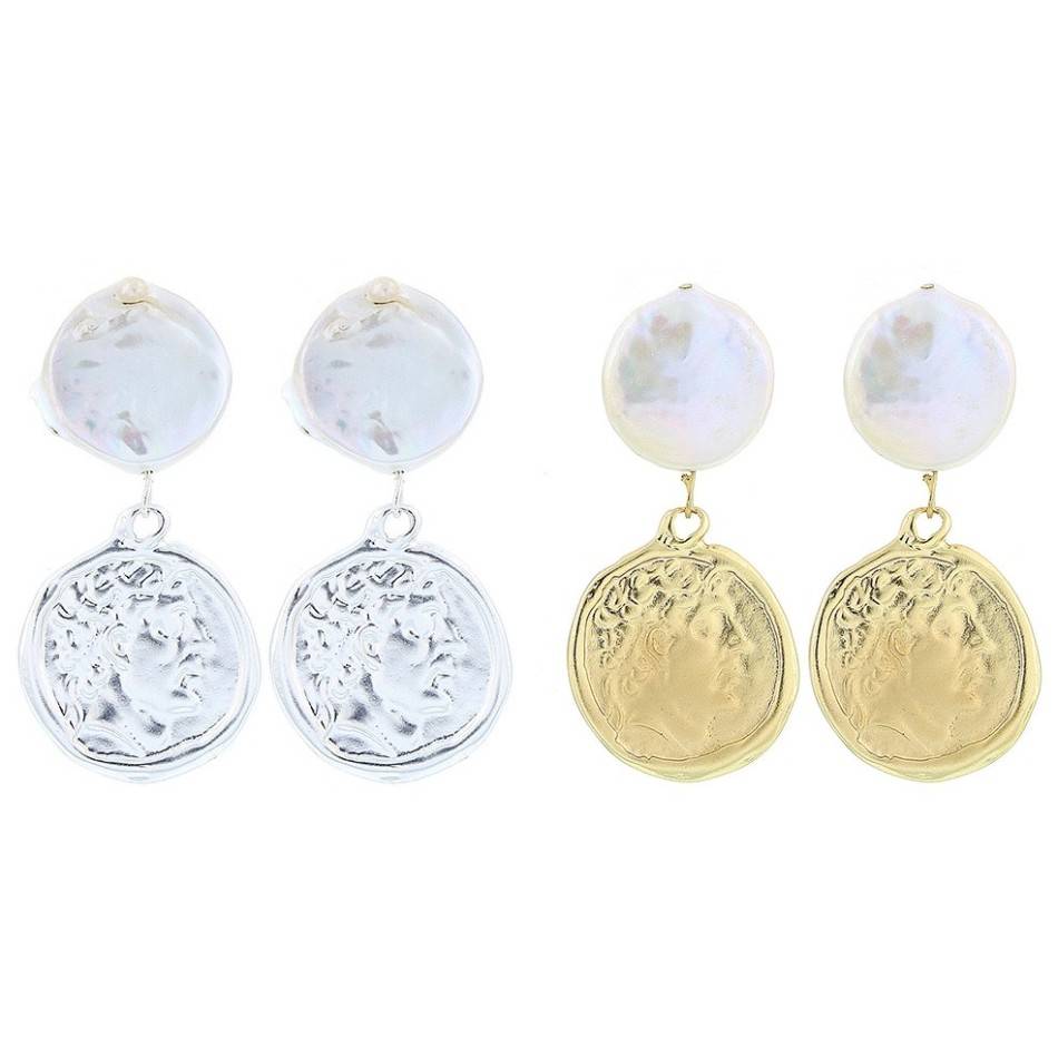 PENDIENTES PERLA CULTIVADA MEDALLA METAL