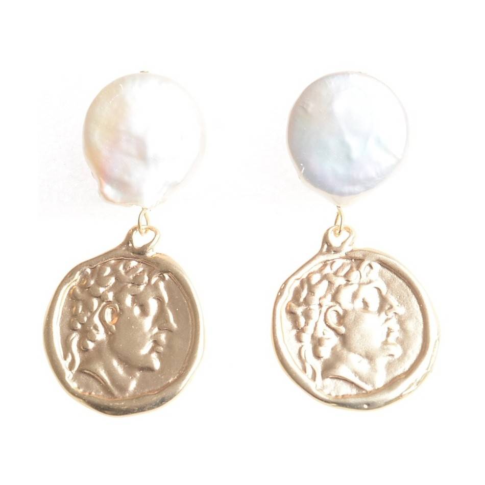 METAL MEDAL CULTURED PEARL EARRINGS