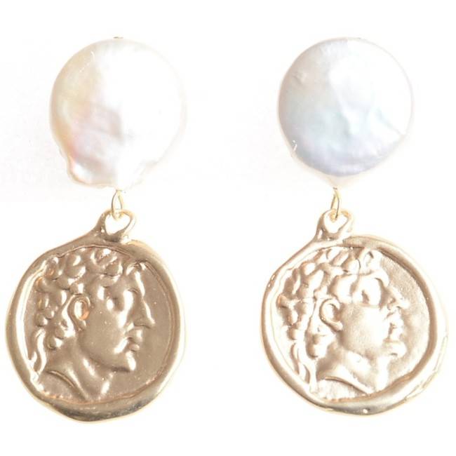 METAL MEDAL CULTURED PEARL EARRINGS