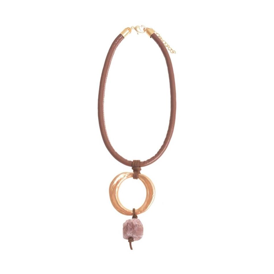 STONE METAL RING LEATHER SHORT NECKLACE