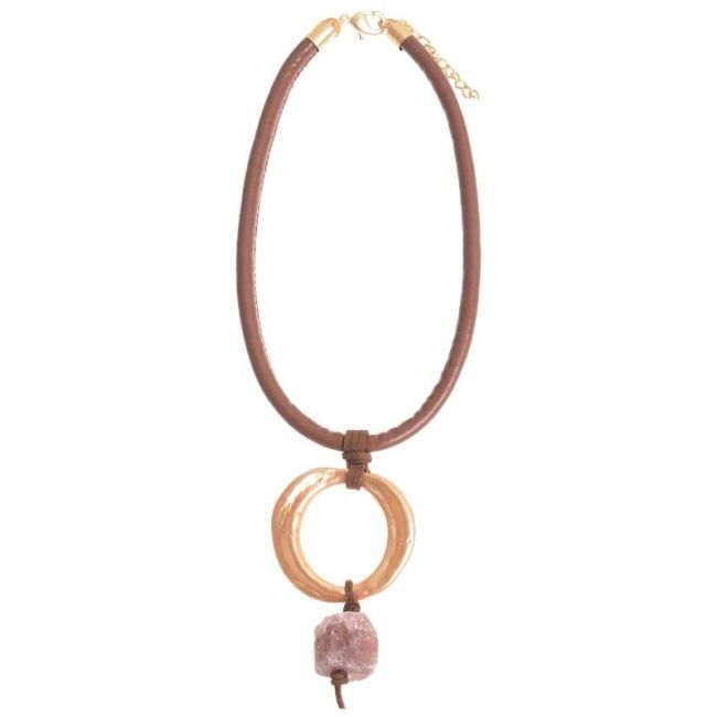 STONE METAL RING LEATHER SHORT NECKLACE