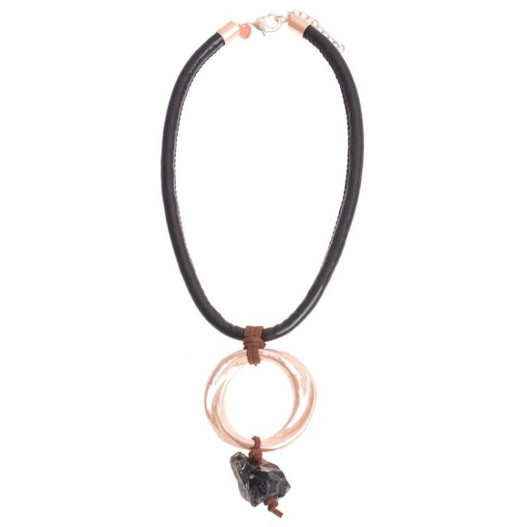STONE METAL RING LEATHER SHORT NECKLACE 2