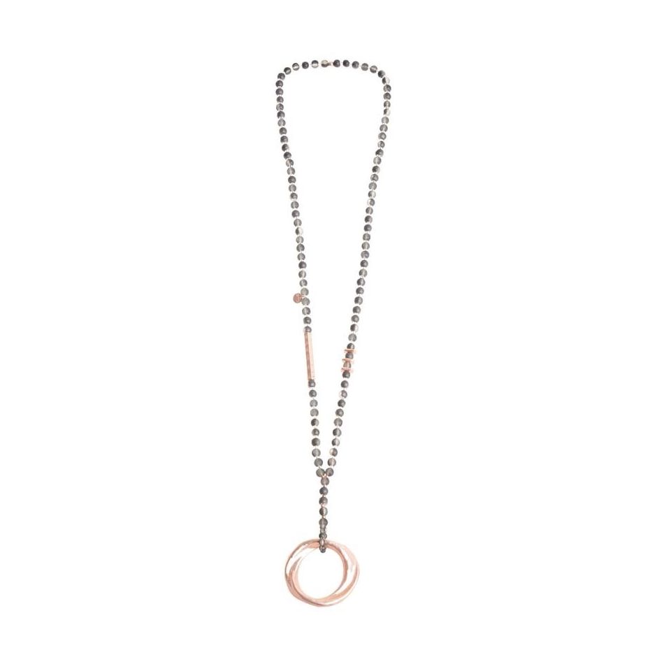 LONG NECKLACE WITH FACETED BEADS METAL RING PENDANT