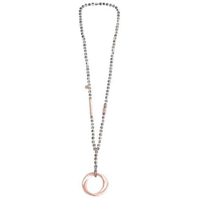 LONG NECKLACE WITH FACETED BEADS METAL RING PENDANT