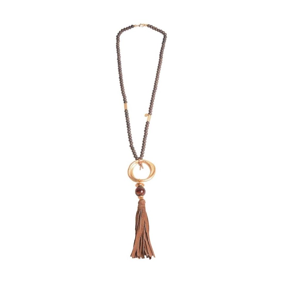 LONG NECKLACE WITH FACETED BEADS METAL RING FRINGE
