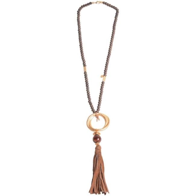 LONG NECKLACE WITH FACETED BEADS METAL RING FRINGE