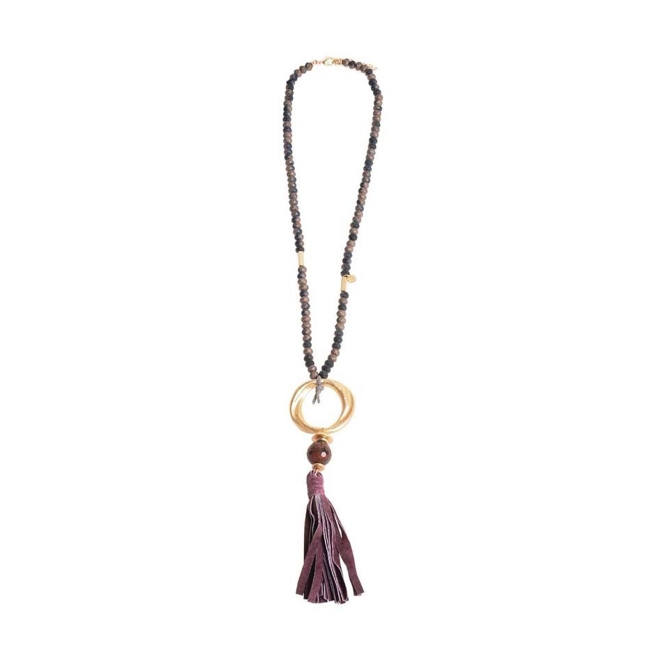 LONG NECKLACE WITH FACETED BEADS METAL RING FRINGE