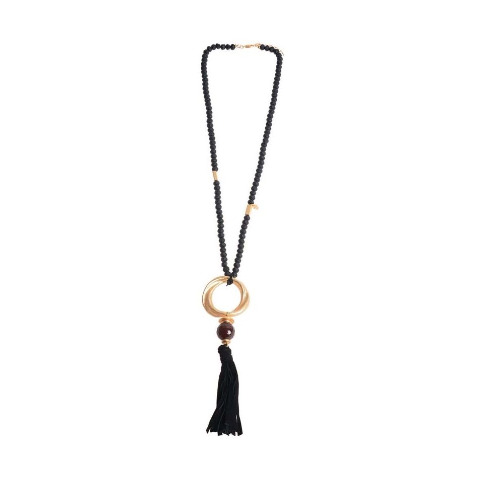 LONG NECKLACE WITH FACETED BEADS METAL RING FRINGE