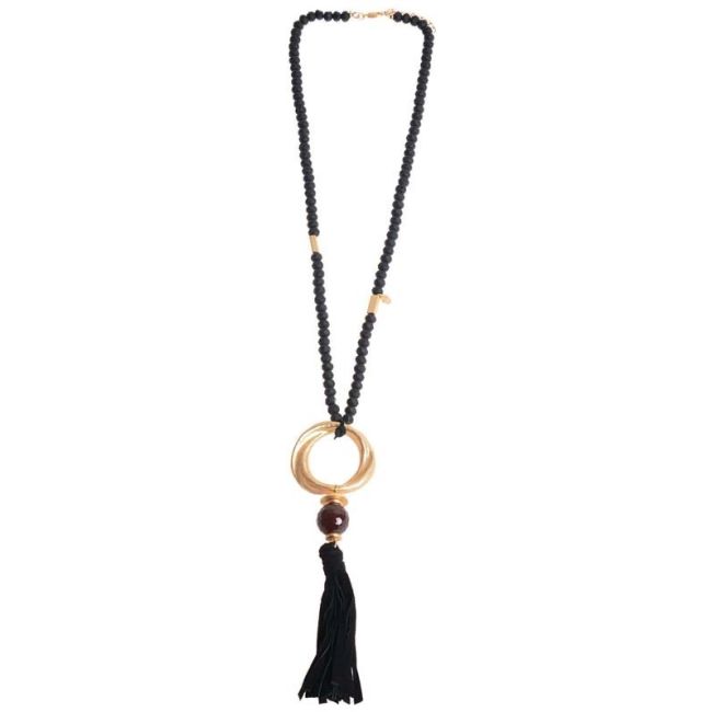 LONG NECKLACE WITH FACETED BEADS METAL RING FRINGE