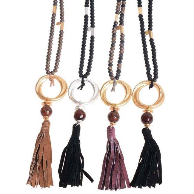 LONG NECKLACE WITH FACETED BEADS METAL RING FRINGE
