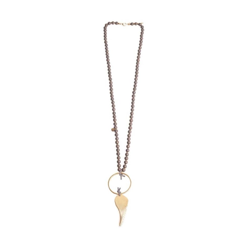 LONG NECKLACE WITH FACETED BEADS METAL WING RING PENDANT