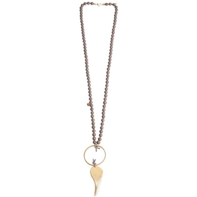 LONG NECKLACE WITH FACETED BEADS METAL WING RING PENDANT