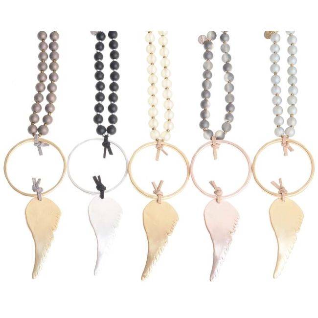 LONG NECKLACE WITH FACETED BEADS METAL WING RING PENDANT